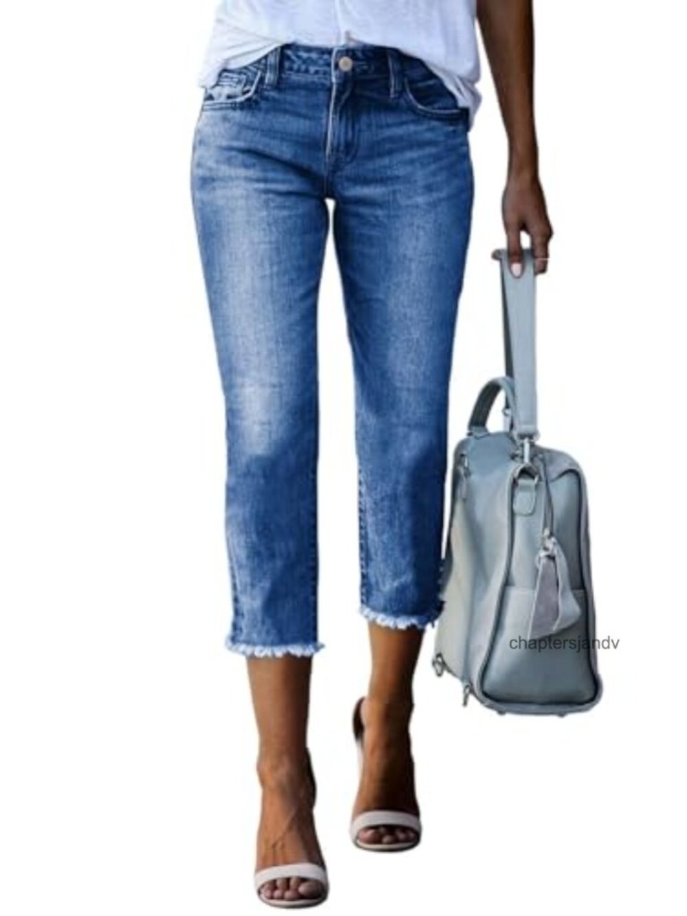 High Waisted Straight Leg Capri Jeans Raw Hem Cotton Blend